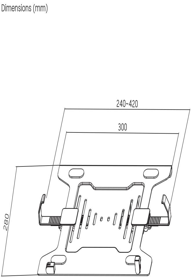Technický výkres držáku s rozměry: šířka 240-420 mm, výška 280 mm, hloubka 300 mm.