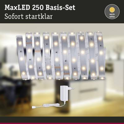 'MaxLED 250 základní sada: LED pásek v teplé bílé barvě se síťovým adaptérem, ihned připravený k použití. Perfektní pro navození atmosféry.'