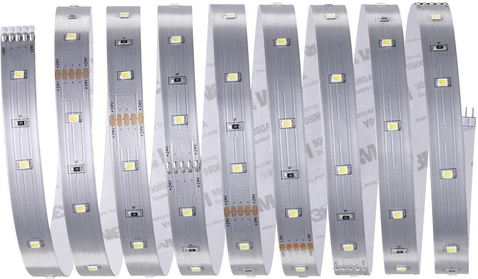 LED pásek v zigzag uspořádání, s malými žlutými LED diodami na stříbrném pozadí, vhodný pro flexibilní osvětlovací aplikace.