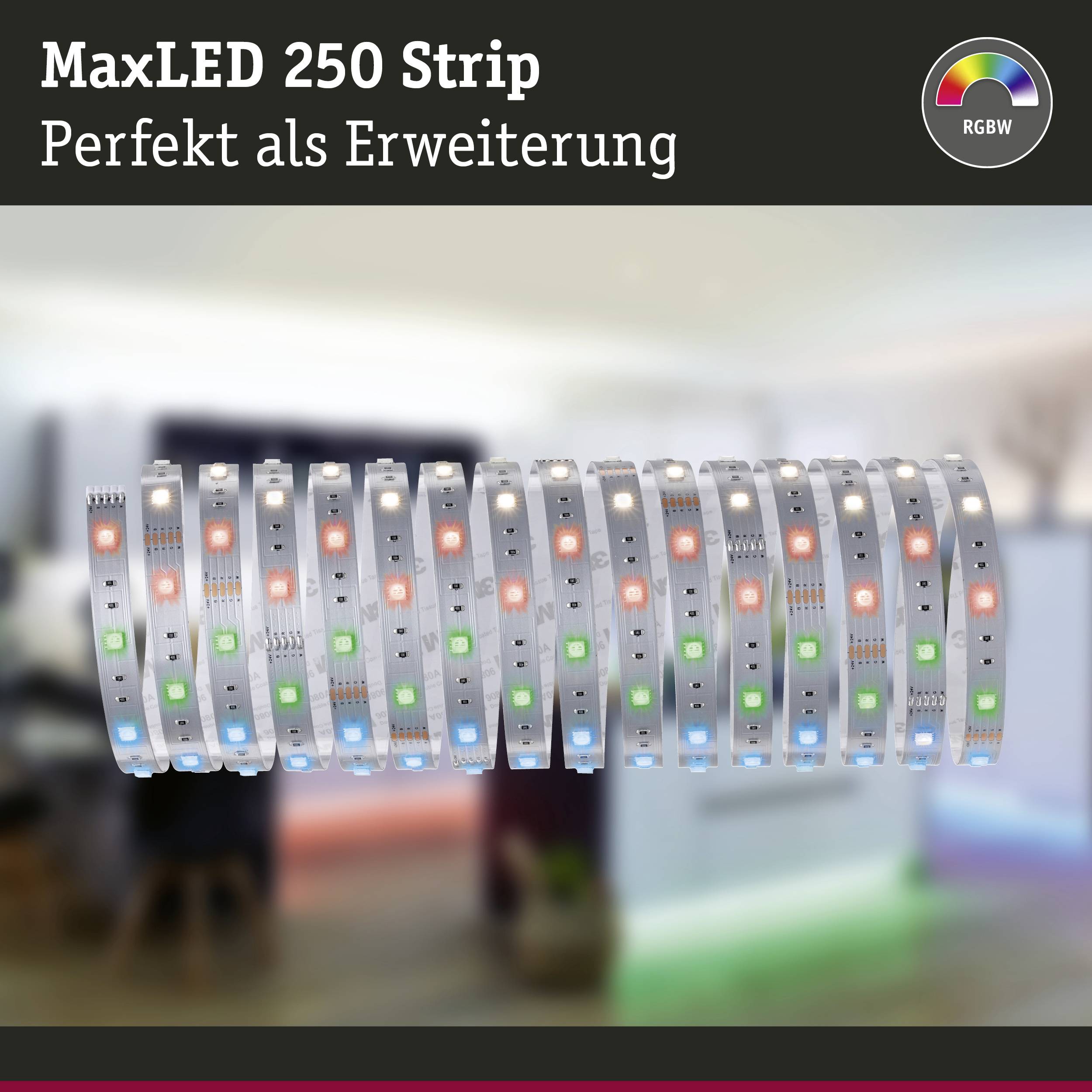 'MaxLED 250 pásek' zobrazuje dlouhý svítící LED pásek v různých barvách. Text: 'Perfektní jako rozšíření'. Nahoře: RGBW ikona.