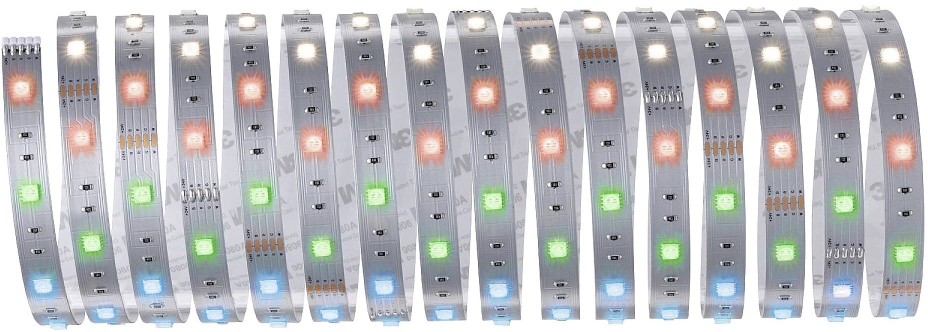 LED pásek se střídajícími se červenými, zelenými a modrými světly, vhodný pro dekorativní osvětlení nebo elektronické projekty.