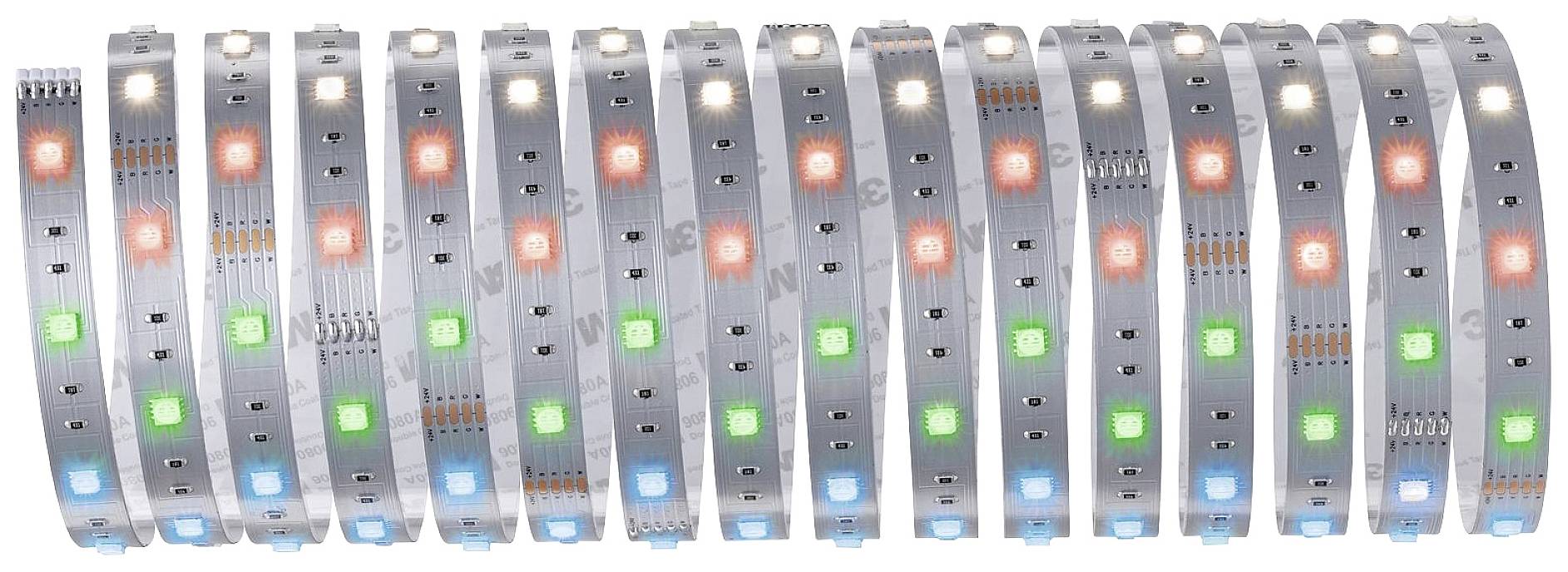 LED světelný pás s pravidelně se střídajícími červenými, zelenými a modrými svítícími čtverci na kovovém pásku.