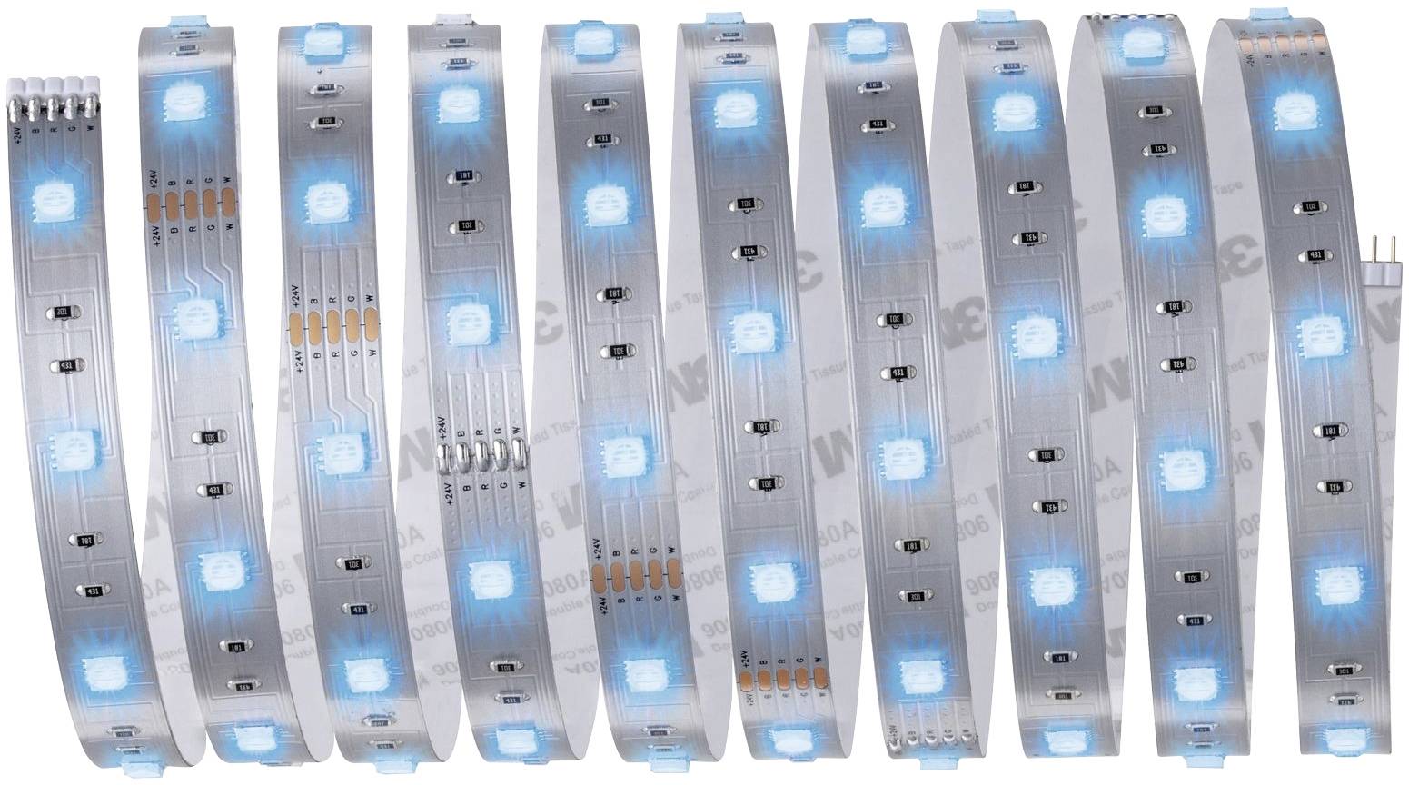 Flexibilní LED světelná lišta ukazuje rovnoměrně rozmístěné zářivé modré diody na průhledném pásu.