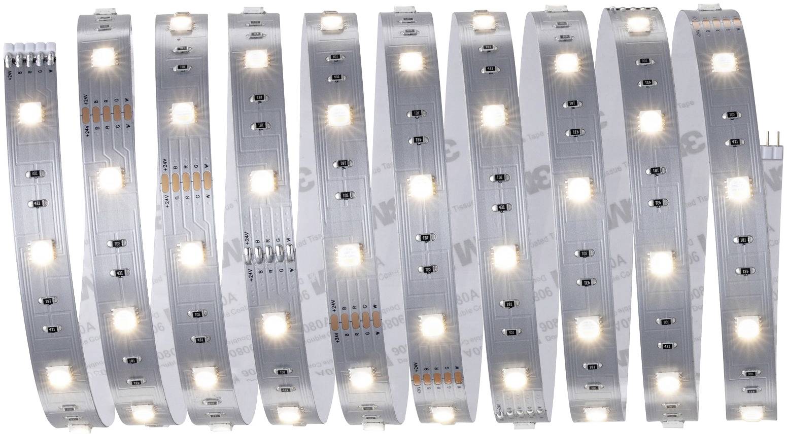 LED světelné pásky, uspořádané v pravidelném vzoru, svítí teplou bílou barvou. Vhodné pro dekorativní osvětlení.