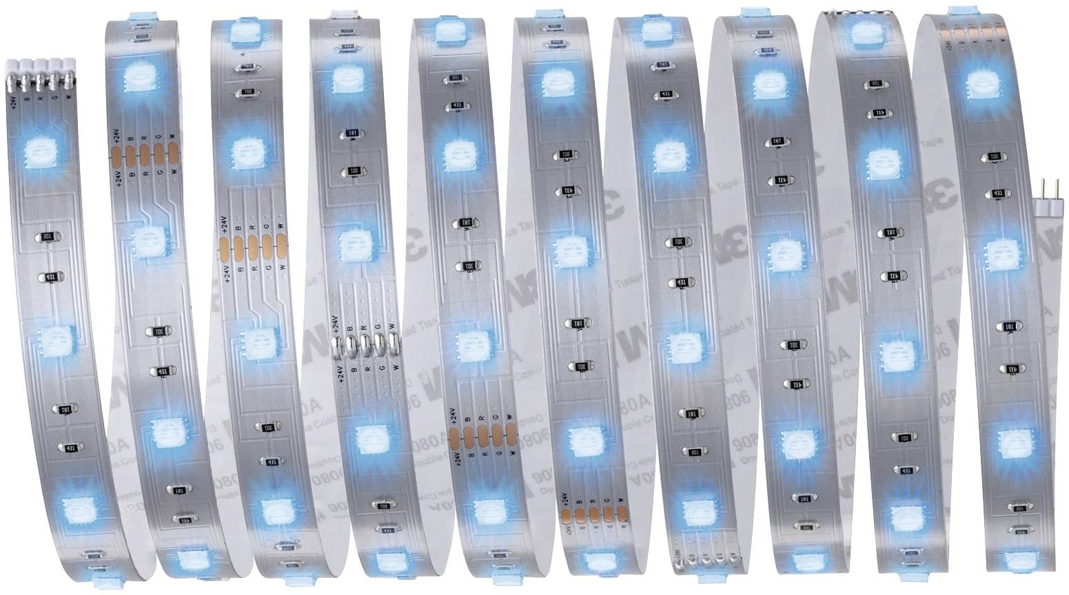 LED světelný pás s modrými čtvercovými LED diodami na flexibilním podkladu, vhodný pro dekorativní nebo funkční osvětlení.
