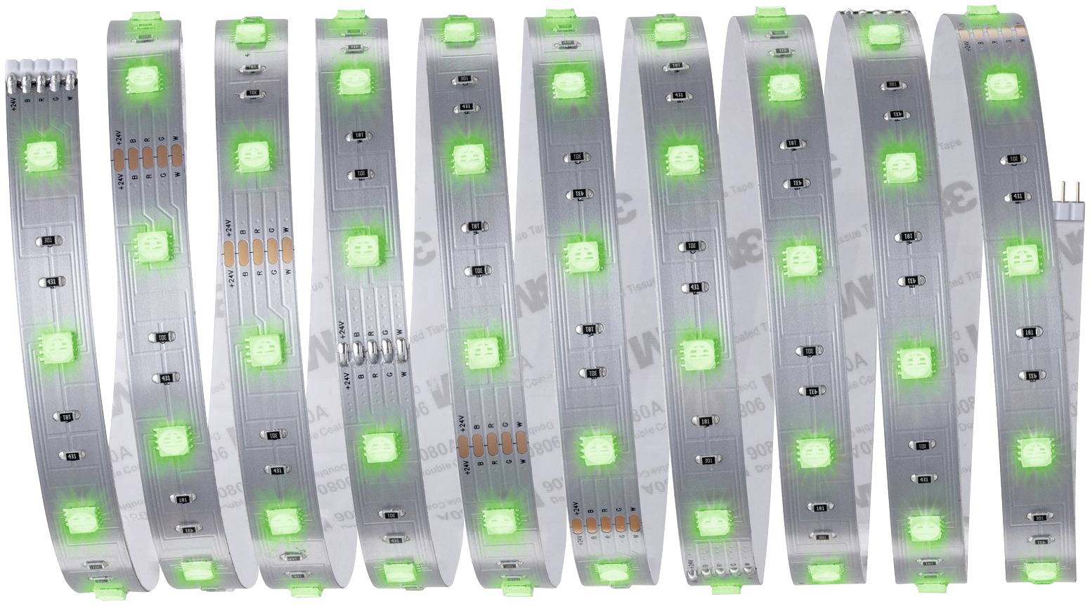 LED světelný pásek s několika svítícími zelenými LED diodami na flexibilní desce plošných spojů. Ideální pro dekorativní osvětlení.