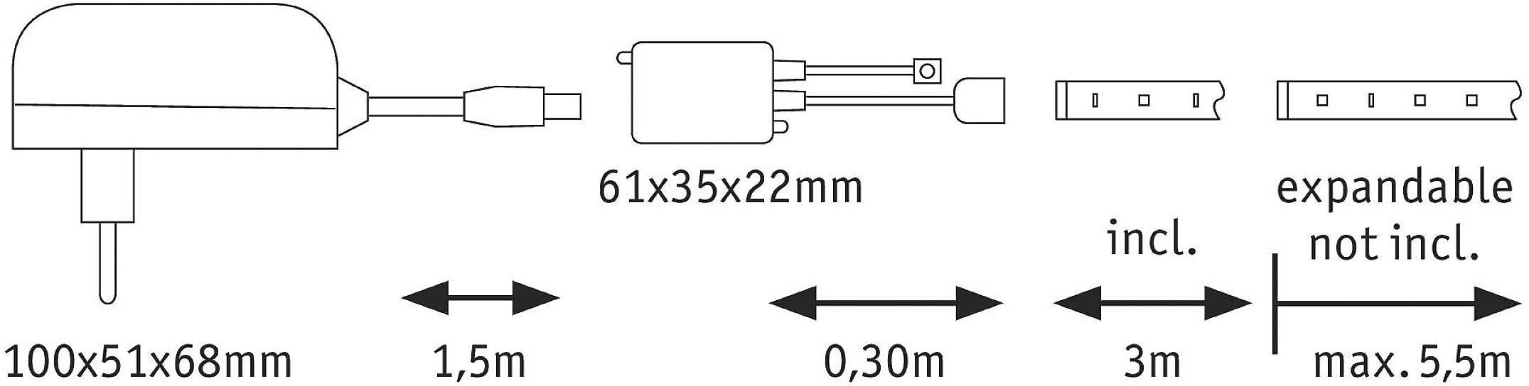 Výkres zástrčky s rozměry 100x51x68mm, následovaný adaptérem (61x35x22mm) a rozvodnou lištou. Délky kabelů: 1,5m, 0,30m, 3m. Rozšířitelné na max. 5,5m.