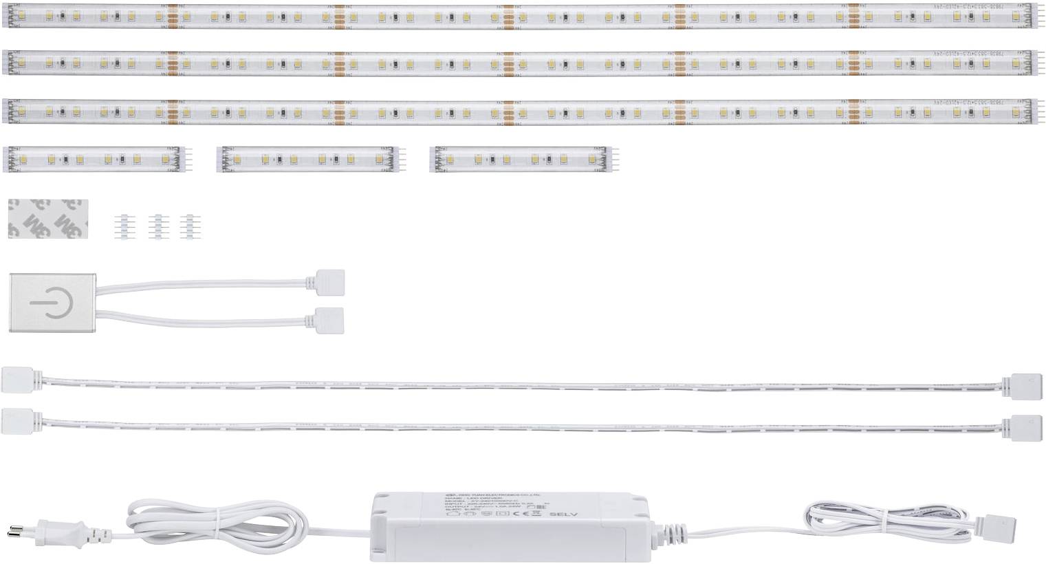 Sada LED světelných lišt s pásky v různých délkách. Obsahuje připojovací kabel, řídicí jednotku a montážní materiál. Vhodné pro vnitřní osvětlení.