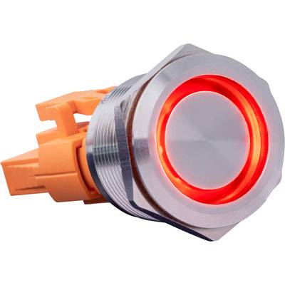 Kulatý kovový knoflík s červeným LED osvětlením a oranžovým připojením signalizuje zapnutý stav.