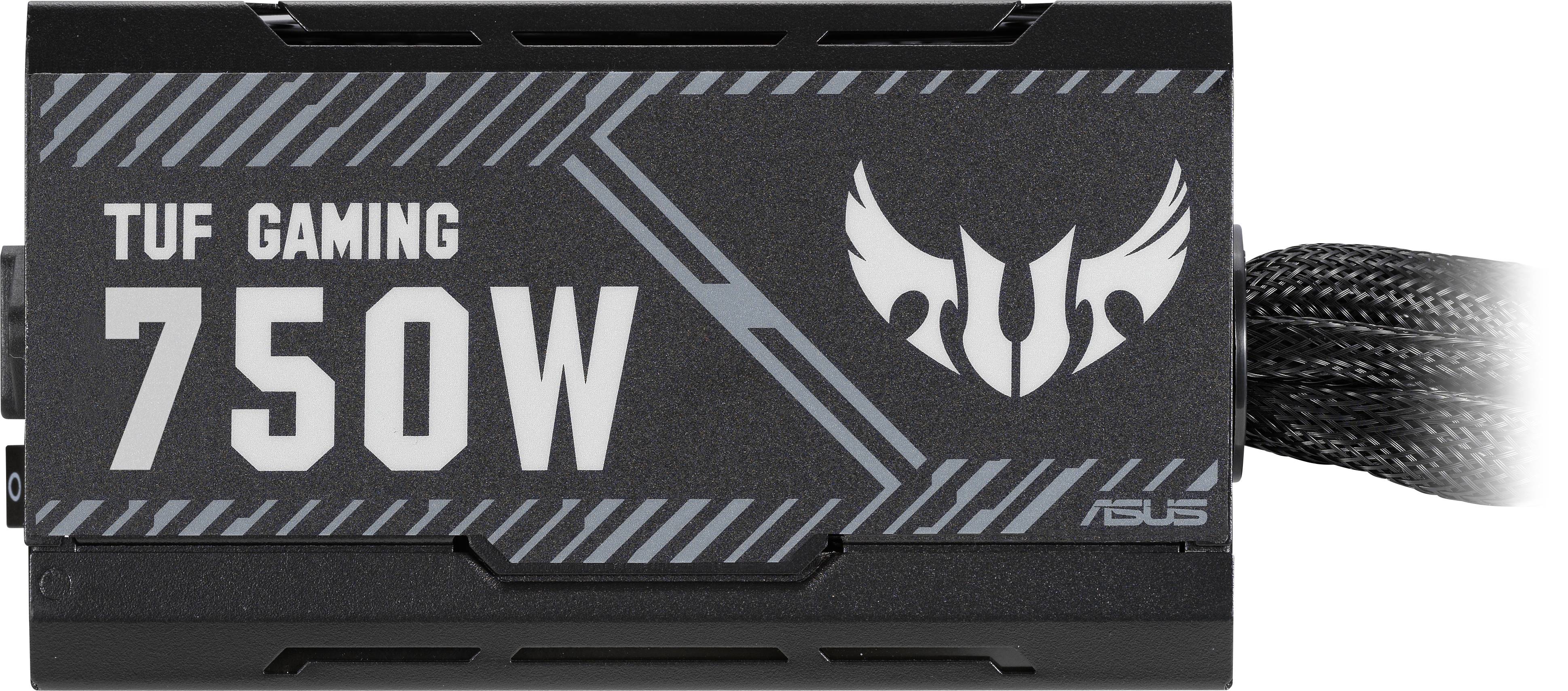 Napájecí zdroj ASUS TUF Gaming 750W s černým šasi a výrazným logem. Obsahuje opletené kabely pro snadnou správu kabeláže.