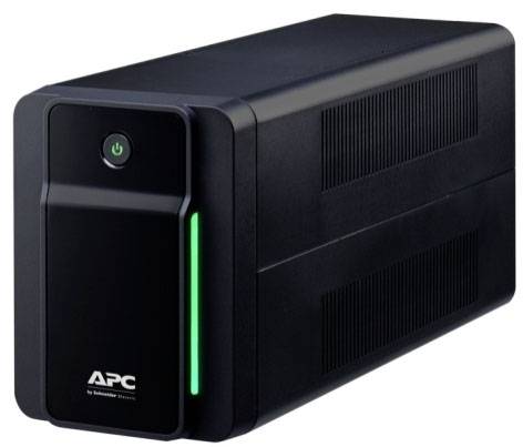 Černý nepřerušitelný zdroj napájení (UPS) od APC s zeleným světelným pruhem na přední straně.