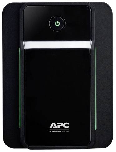 Černý lesklý nepřerušitelný zdroj napájení (UPS) od APC se zeleným světelným pruhem, který zobrazuje síťový spínač nahoře a logo APC dole.