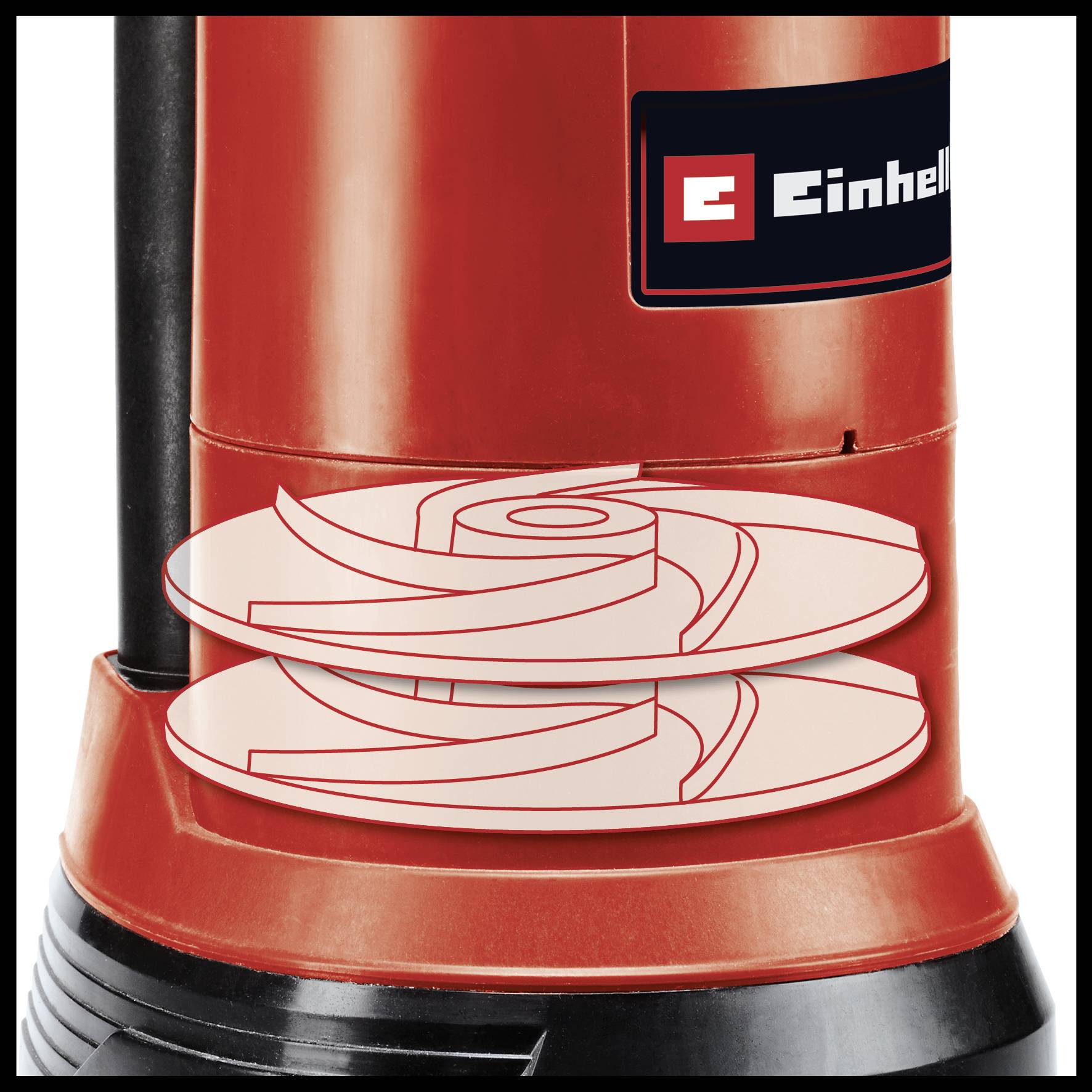 Červené zařízení s křivkami na talířovité ploše; logo Einhell v horním pravém rohu. Design vyjadřuje dynamiku a pohyb.