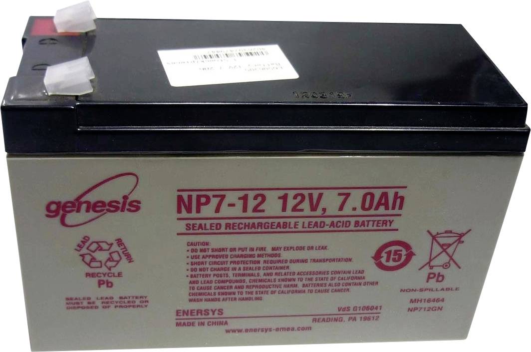 Olověný akumulátor, značka Genesis, model NP7-12, 12V, 7,0Ah. Obdélníkový, černošedý, s recyklačním symbolem a výstražnými štítky.