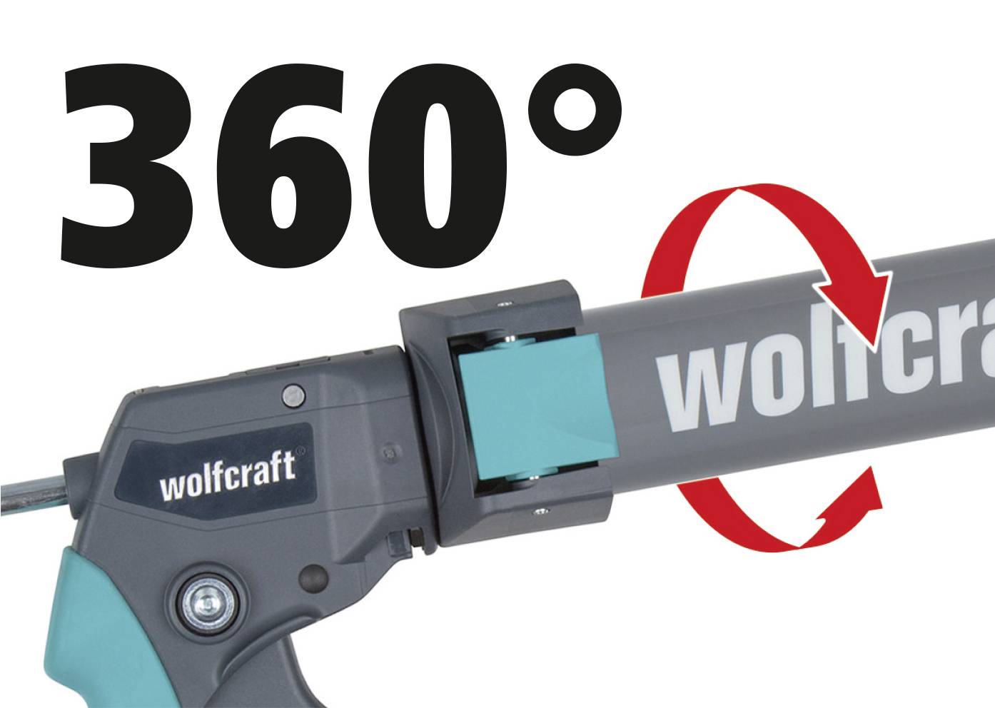 Silikonová lisovací pistole s 360stupňovým kloubem pro flexibilní práci, zobrazená v černém a zeleném designu značky Wolfcraft.
