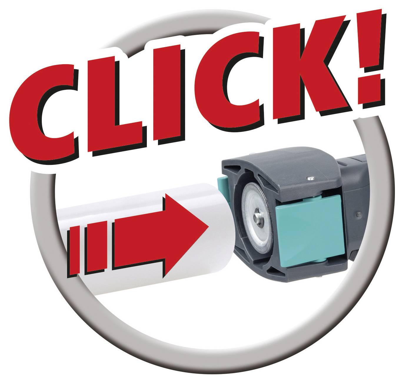 Inhalátor s vysunutým náustkem, nad ním slovo 'CLICK!' červenými písmeny. Šipková grafika směřuje doprava.