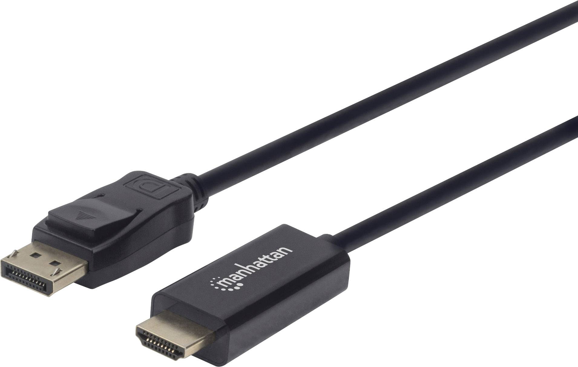 Černý kabel s konektory DisplayPort na HDMI, štítek 'Manhattan' na HDMI konektoru. Propojuje zařízení s různými typy rozhraní.