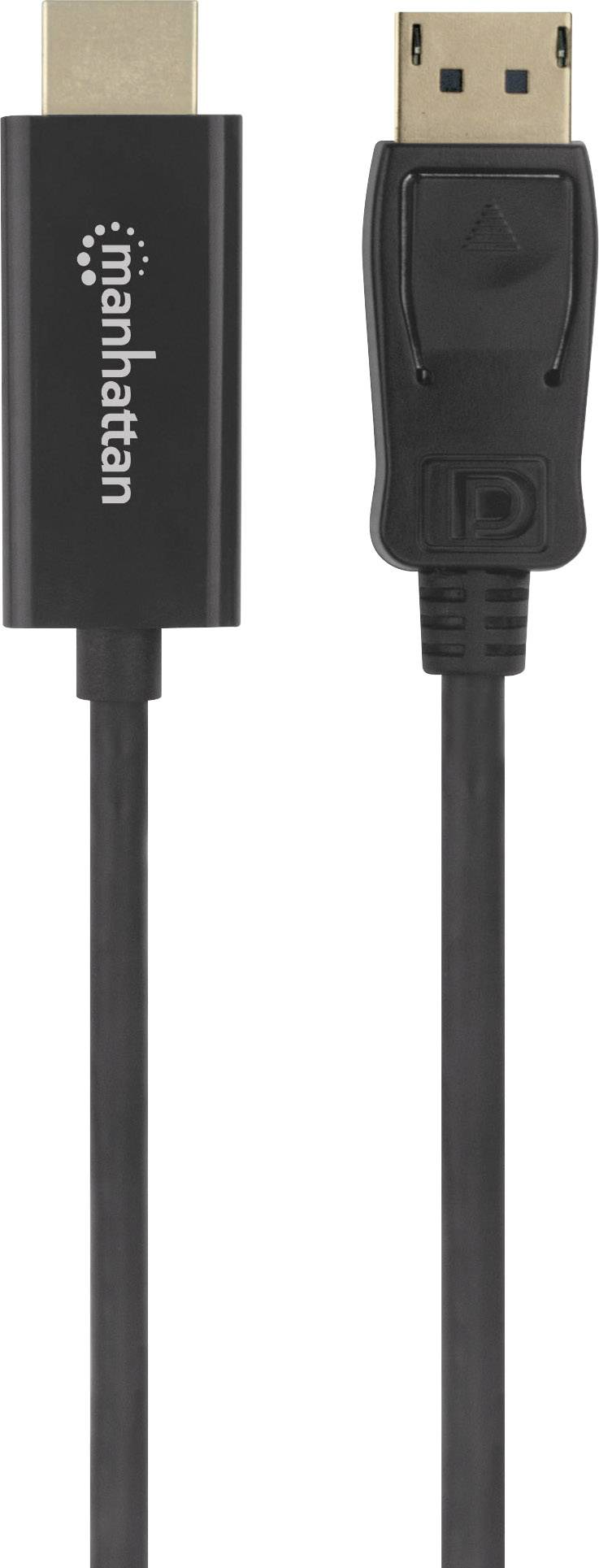 Černý kabel s HDMI konektorem vlevo a DisplayPort konektorem vpravo. Slovo 'manhattan' je vytištěno na HDMI konektoru.