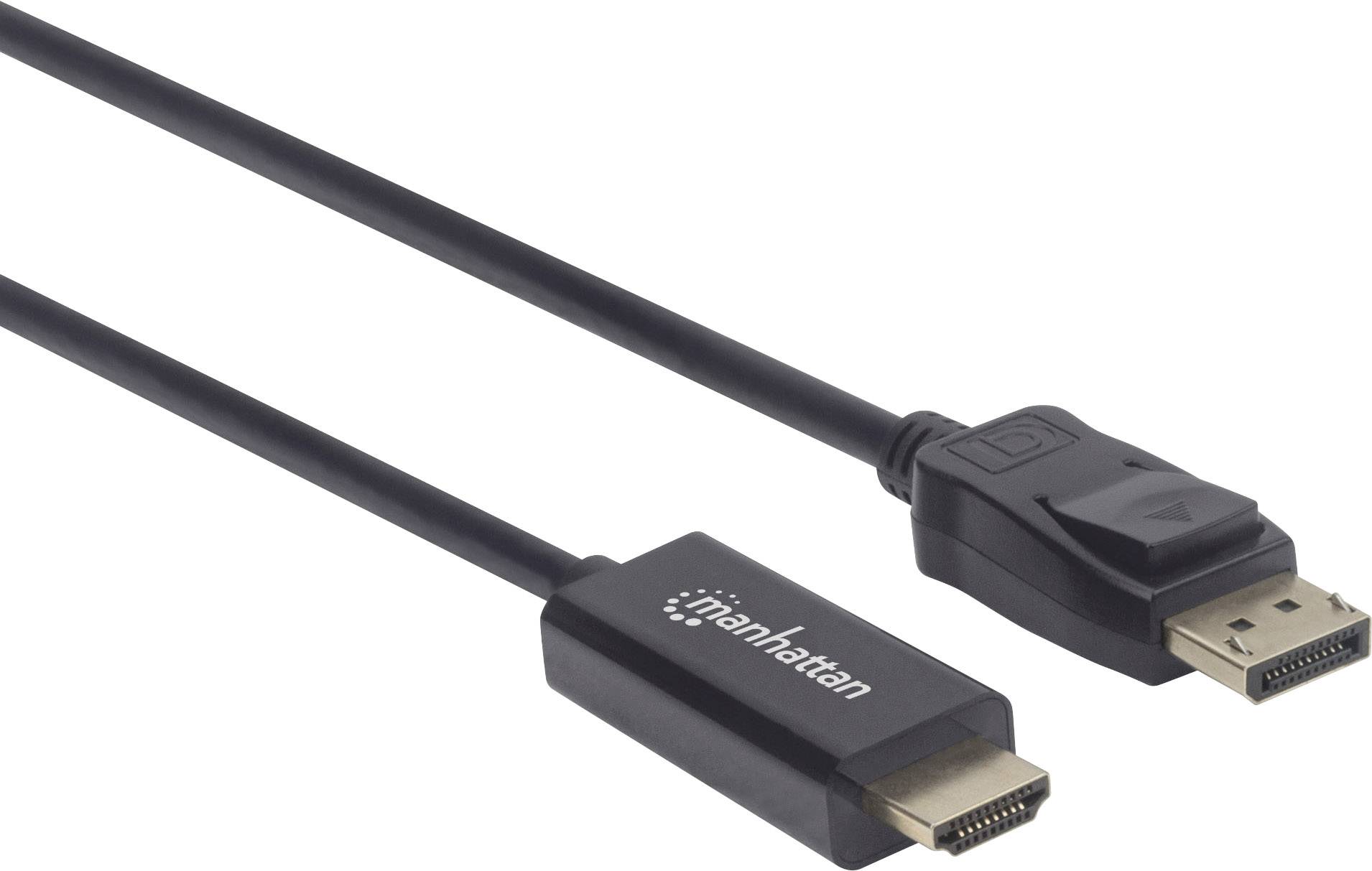 Černý HDMI-DisplayPort kabel od Manhattan pro připojení monitorů k počítačům nebo jiným zařízením.