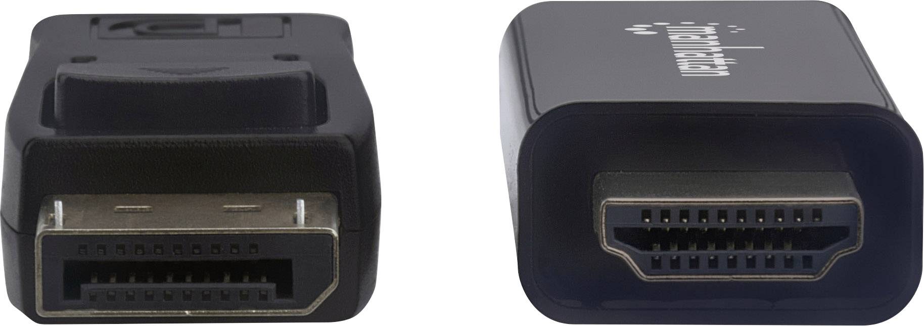 Detailní záběr adaptéru z DisplayPortu na HDMI, který umožňuje propojení mezi výstupem DisplayPort a vstupem HDMI.