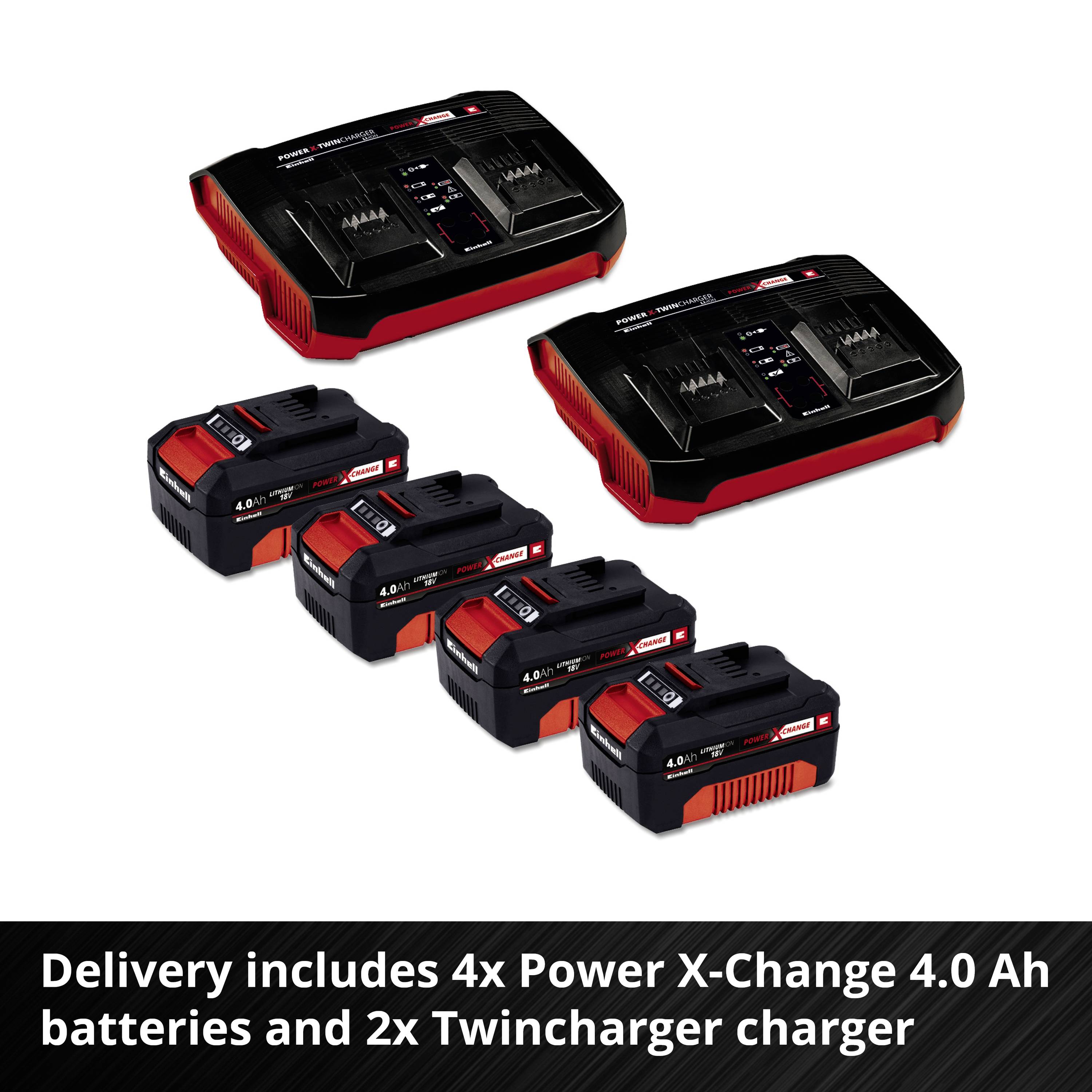 Dva nabíječe Twincharger a čtyři 4,0 Ah akumulátory Power X-Change jsou zobrazeny. Text: 'Dodávka včetně 4x Power X-Change akumulátoru 4,0 Ah a 2x nabíječe Twincharger'.