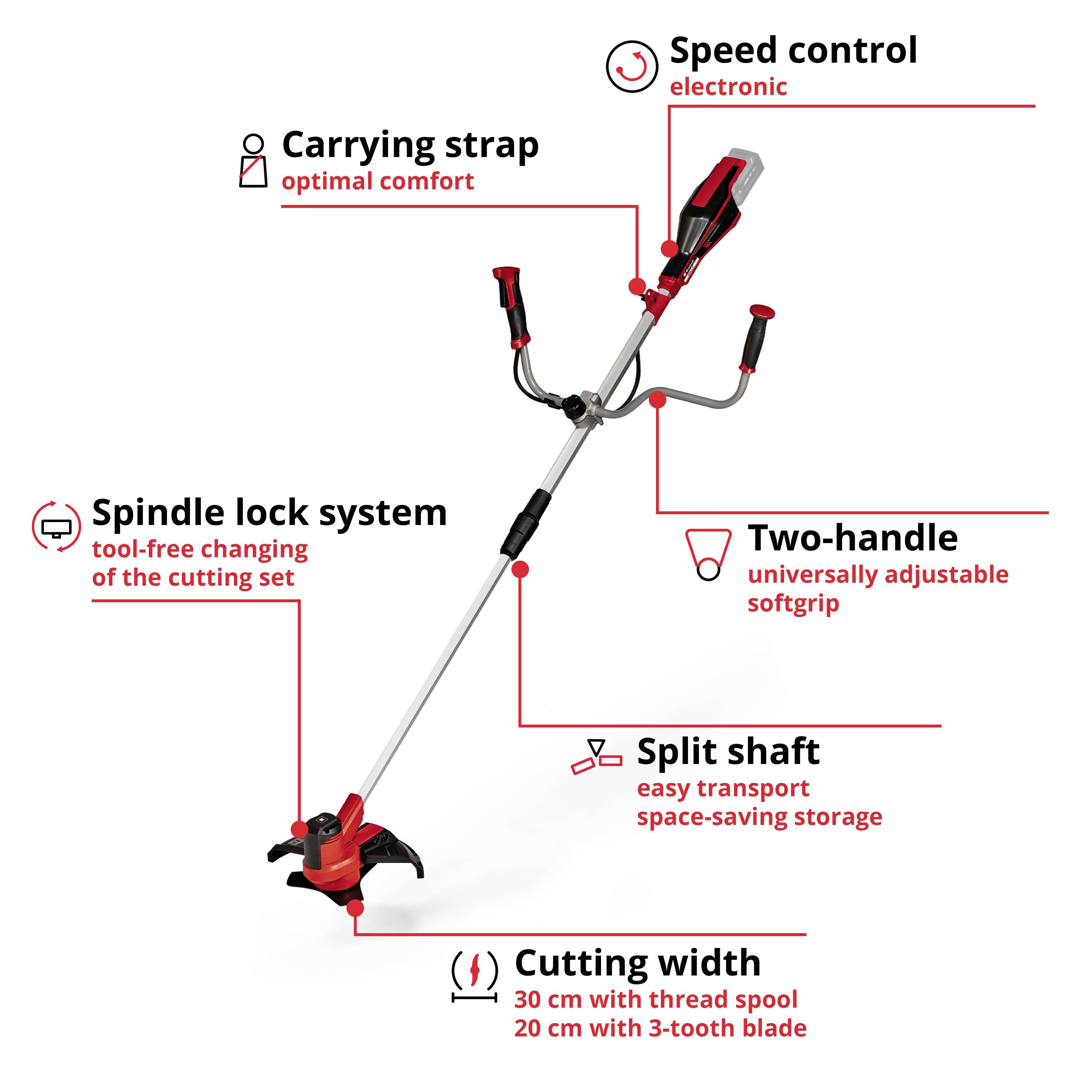 Elektrický vyžínač s nosným popruhem, regulací otáček a dvouručním úchopem. Systém Spindle-Lock pro snadnou výměnu žacího nože.