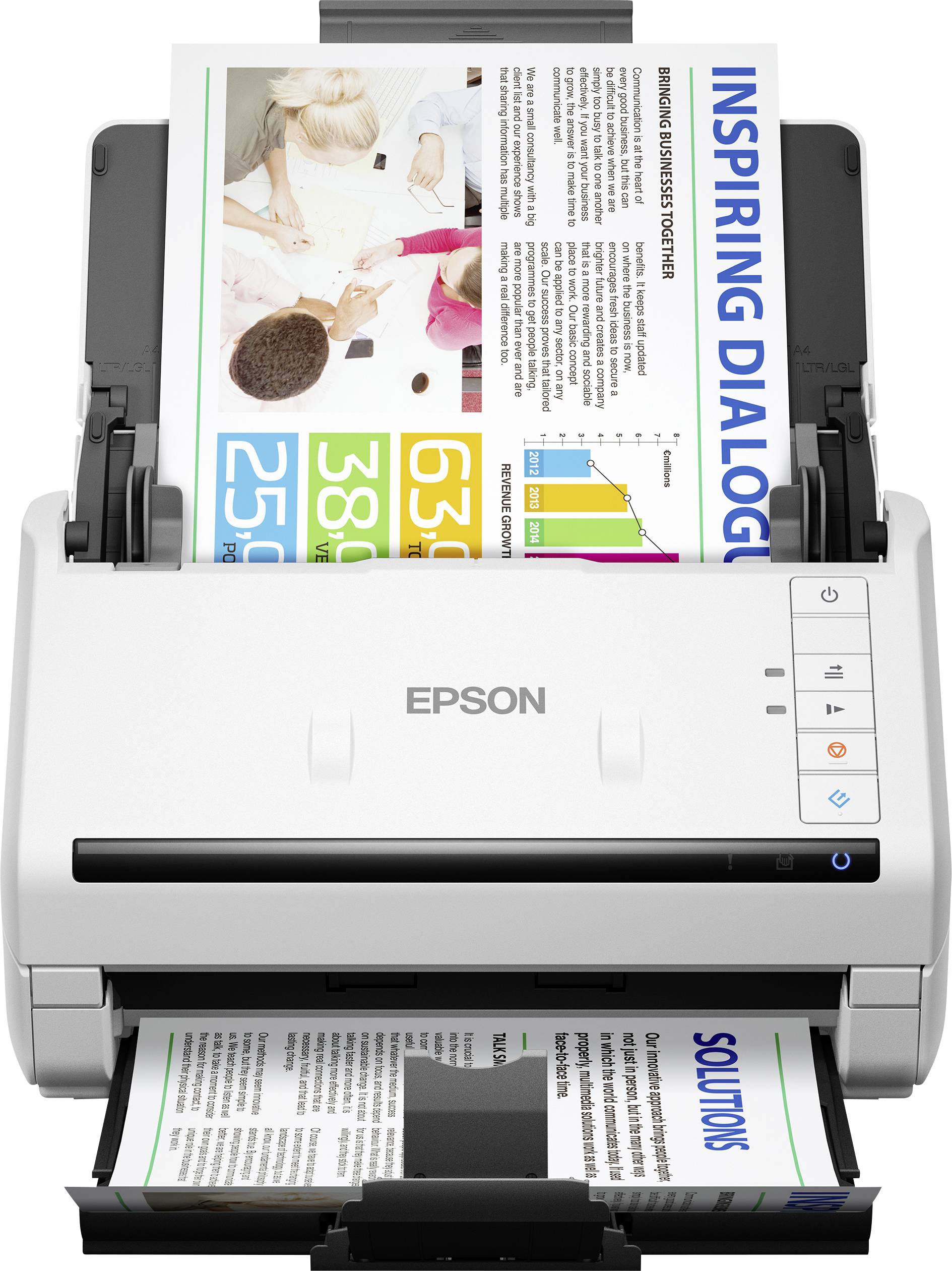 Skener Epson skenuje dokument s diagramy a textem o 'Inspirativních dialozích' a 'Řešeních'.