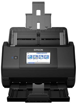 Černošedý skener Epson s otevřeným podavačem dokumentů a displejem zobrazujícím různé možnosti skenování.