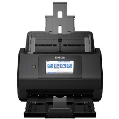 Černošedý skener Epson s otevřeným podavačem dokumentů a displejem zobrazujícím různé možnosti skenování.