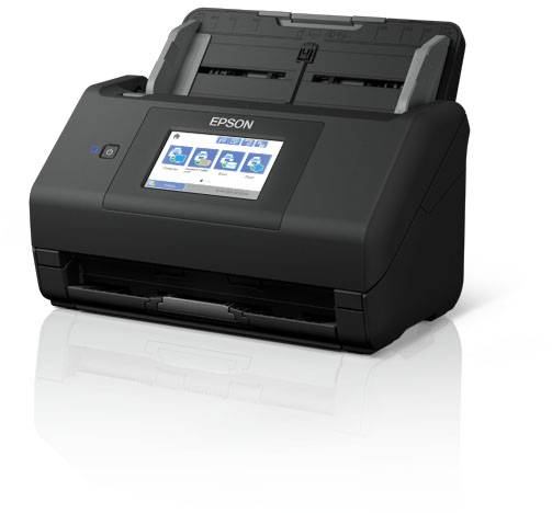 Černošedá tiskárna Epson s dotykovým displejem a otevřeným podavačem papíru, vhodná pro kancelářské nebo domácí použití.