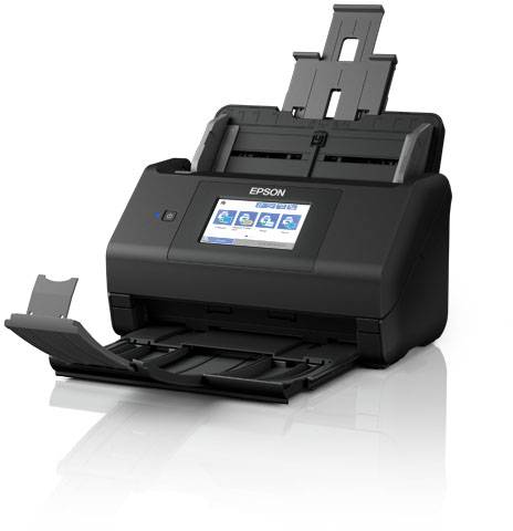 Černý Epson dokumentový scanner s otevřeným podavačem dokumentů a digitálním displejem zobrazujícím možnosti skenování.