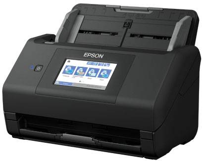 Černý dokumentový skener Epson s integrovaným displejem na přední straně zobrazuje ovládací symboly.