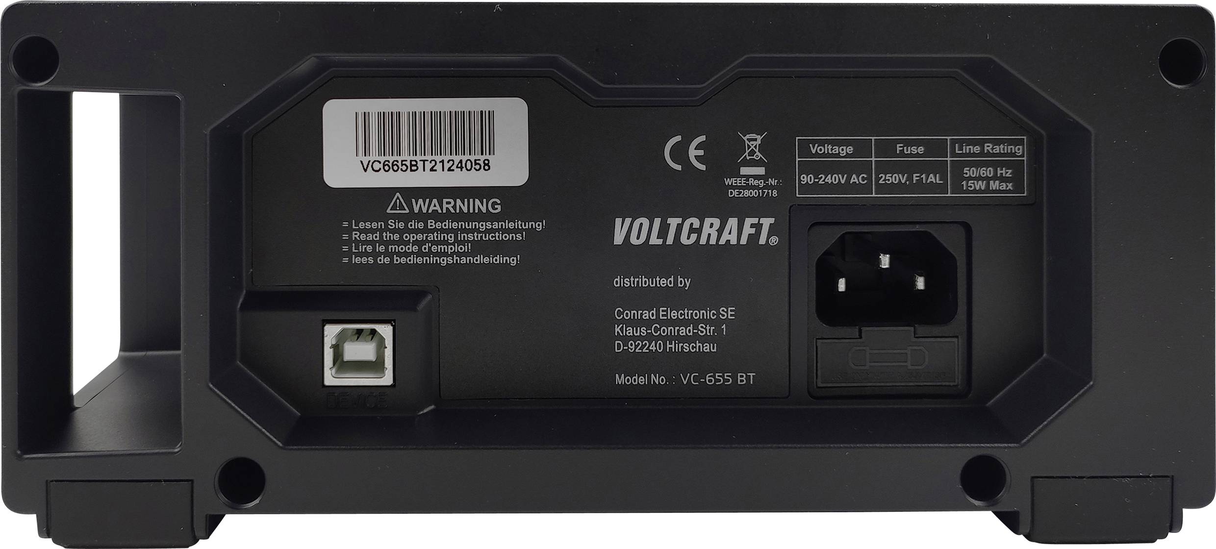Zadní strana zařízení Voltcraft s napájecím konektorem, USB portem a výstražnou poznámkou. Zobrazuje informace o napětí a výkonu.