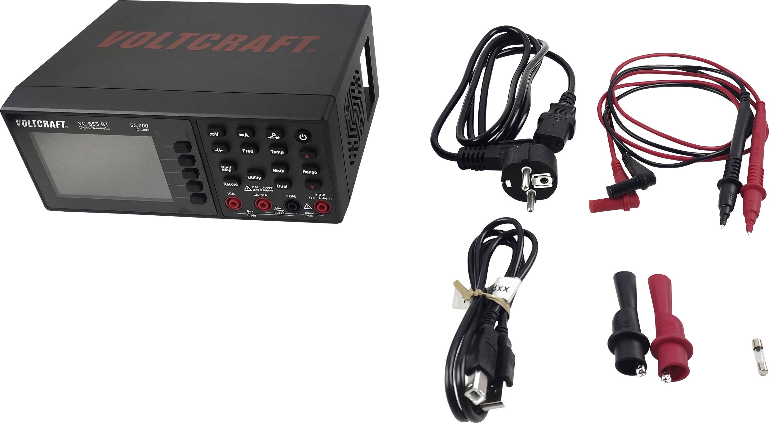 Měřicí přístroj Voltcraft VC 890 s kabely a příslušenstvím pro elektrická měření. Hlavní přístroj vlevo, kabely a měřicí hroty vpravo.