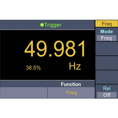 Digitální displej měřiče frekvence ukazuje 49,981 Hz a 38,5 %. Mód je 'Freq', funkce 'Freq' je aktivní.