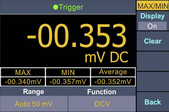 Obrázek měřicího přístroje s displejem: '-00.353 mV DC'. Funkce: MAX, MIN, průměr, rozsah 'Auto 50 mV', mód 'DCV'.
