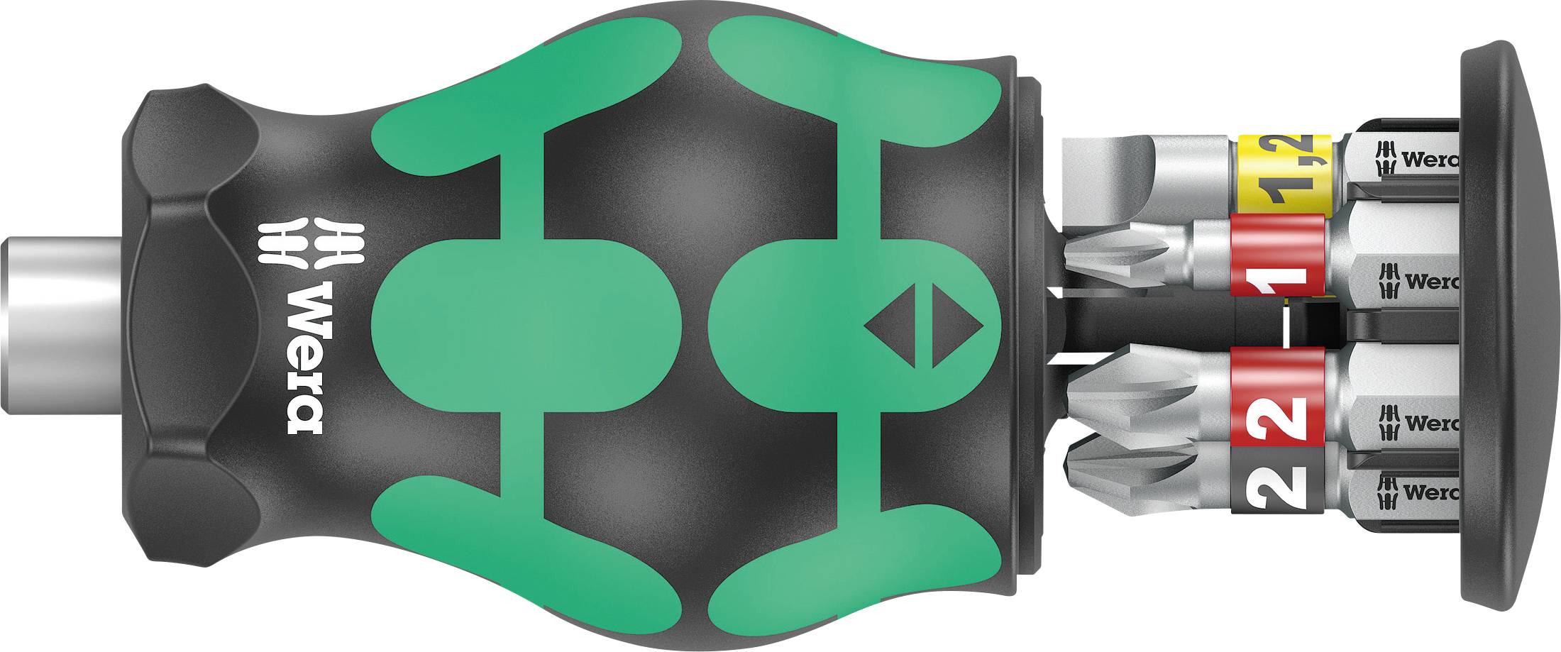 Multifunkční šroubovák s ergonomickou rukojetí a integrovaným držákem bitů ukazuje různé bity s barevným označením.