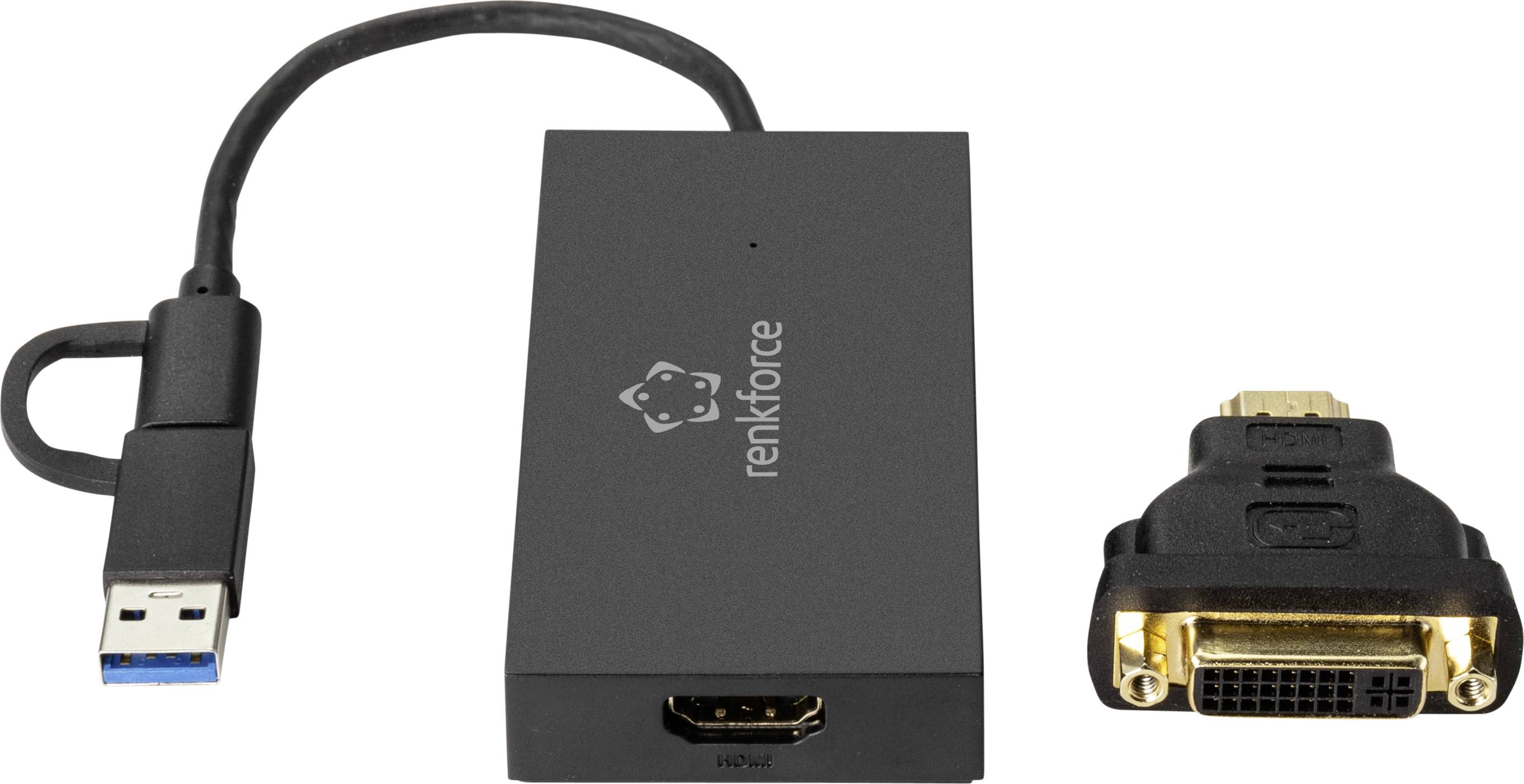 USB-HDMI konvertor s jedním HDMI portem a jedním USB portem, vedle něj DVI adaptér. Pro připojení zařízení.