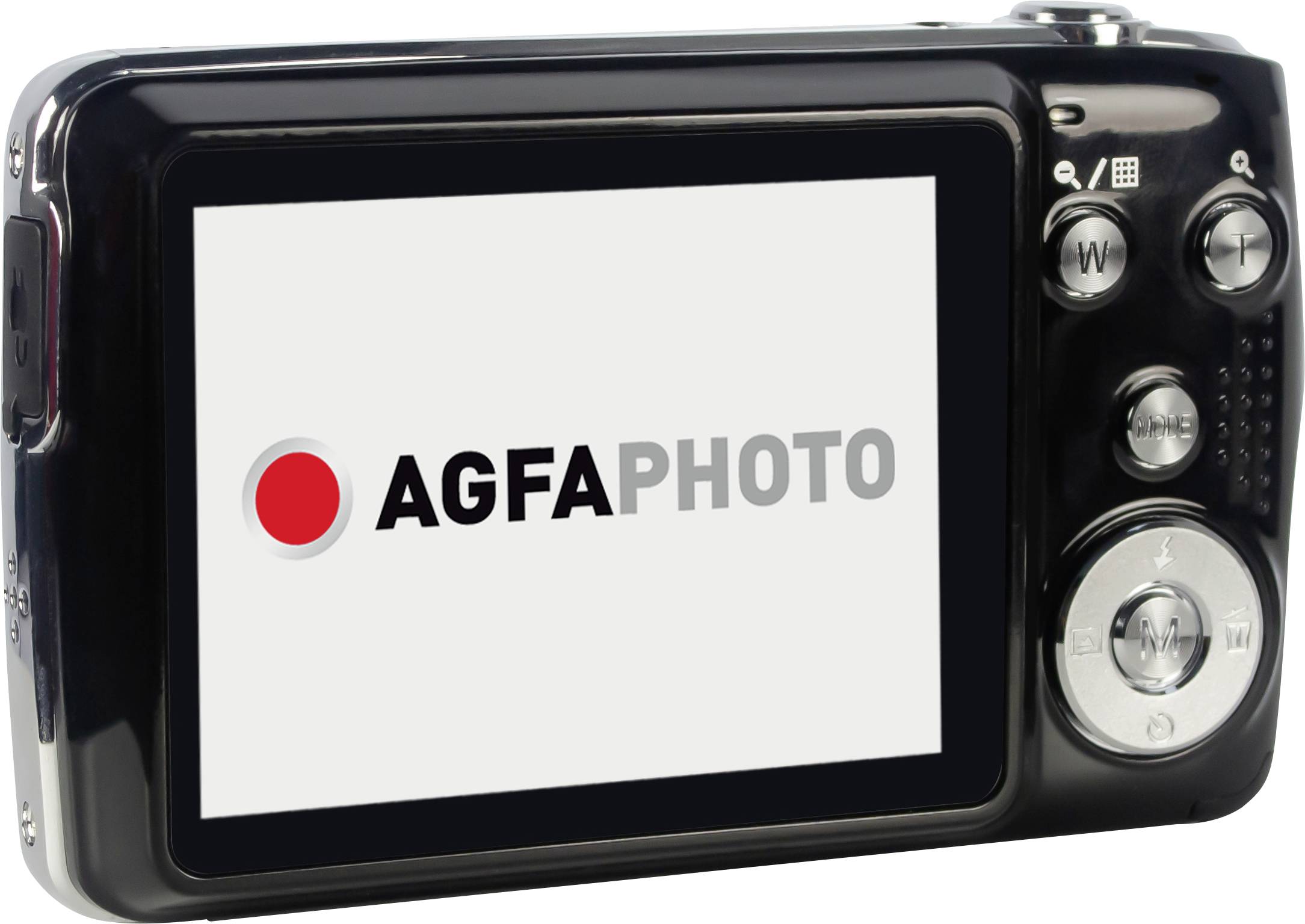 Zadní strana digitálního fotoaparátu s aktivovanou obrazovkou, na které je vidět logo 'AGFAPHOTO'.