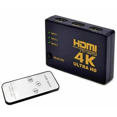 HDMI rozbočovač 3 na 1 4K Ultra HD s třemi vstupy a dálkovým ovládáním pro výběr zdroje, vhodný pro zařízení s HDMI připojením.
