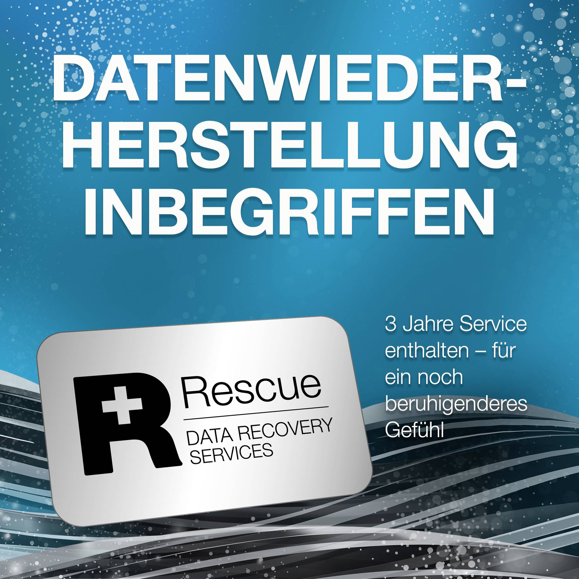 Logo 'Rescue Data Recovery Services' na stříbrném pozadí. Text nahoře: 'OBNOVA DAT ZAHRNUTA'. Dodatečný text dole: '3 roky servisu v ceně – pro větší klid'
