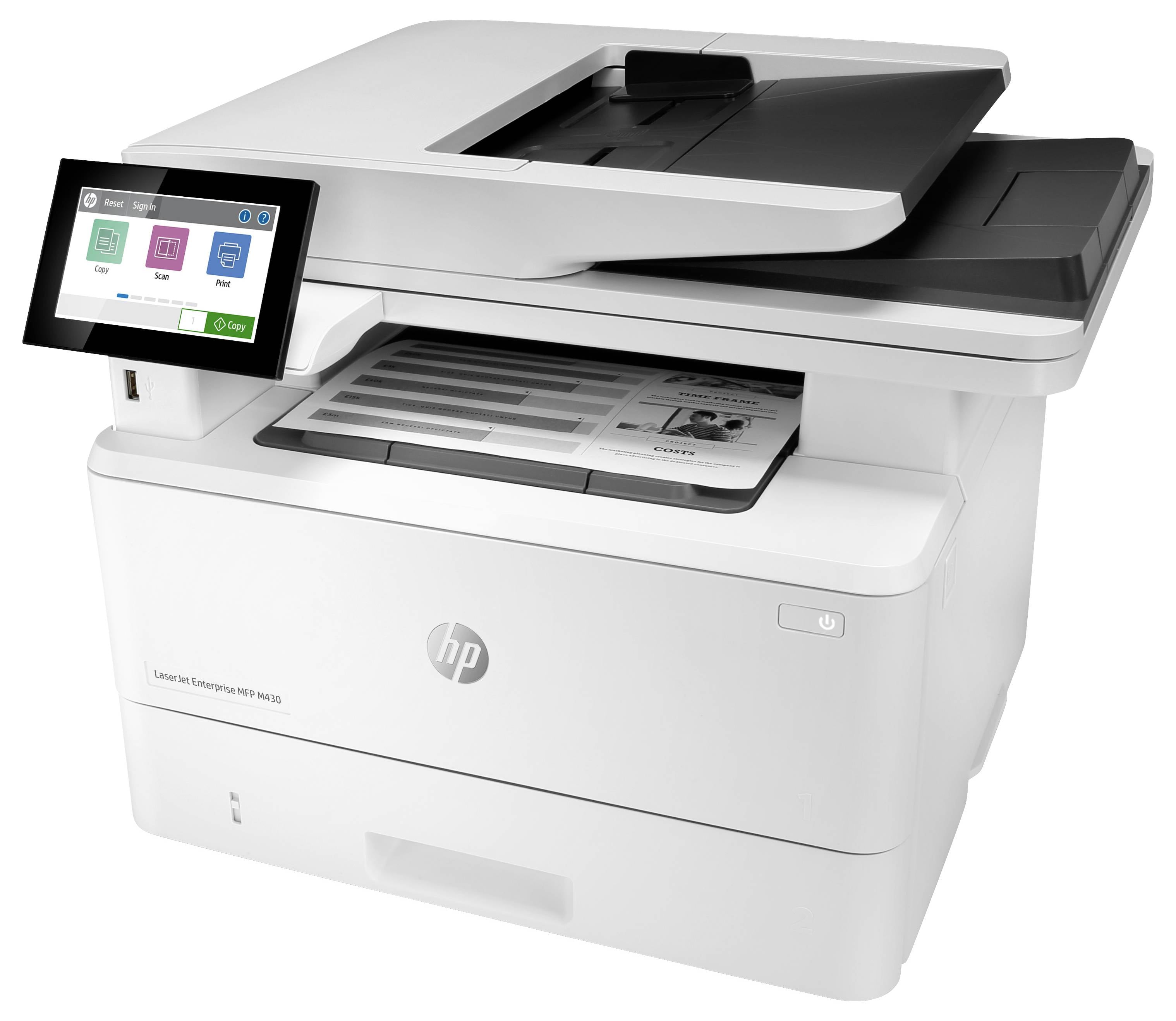 Bílá multifunkční tiskárna HP s dotykový ovládacím panelem, otevřené skleněné víko skeneru s dokumentem na skle, zobrazující funkce tisku, skenování a kopírování.