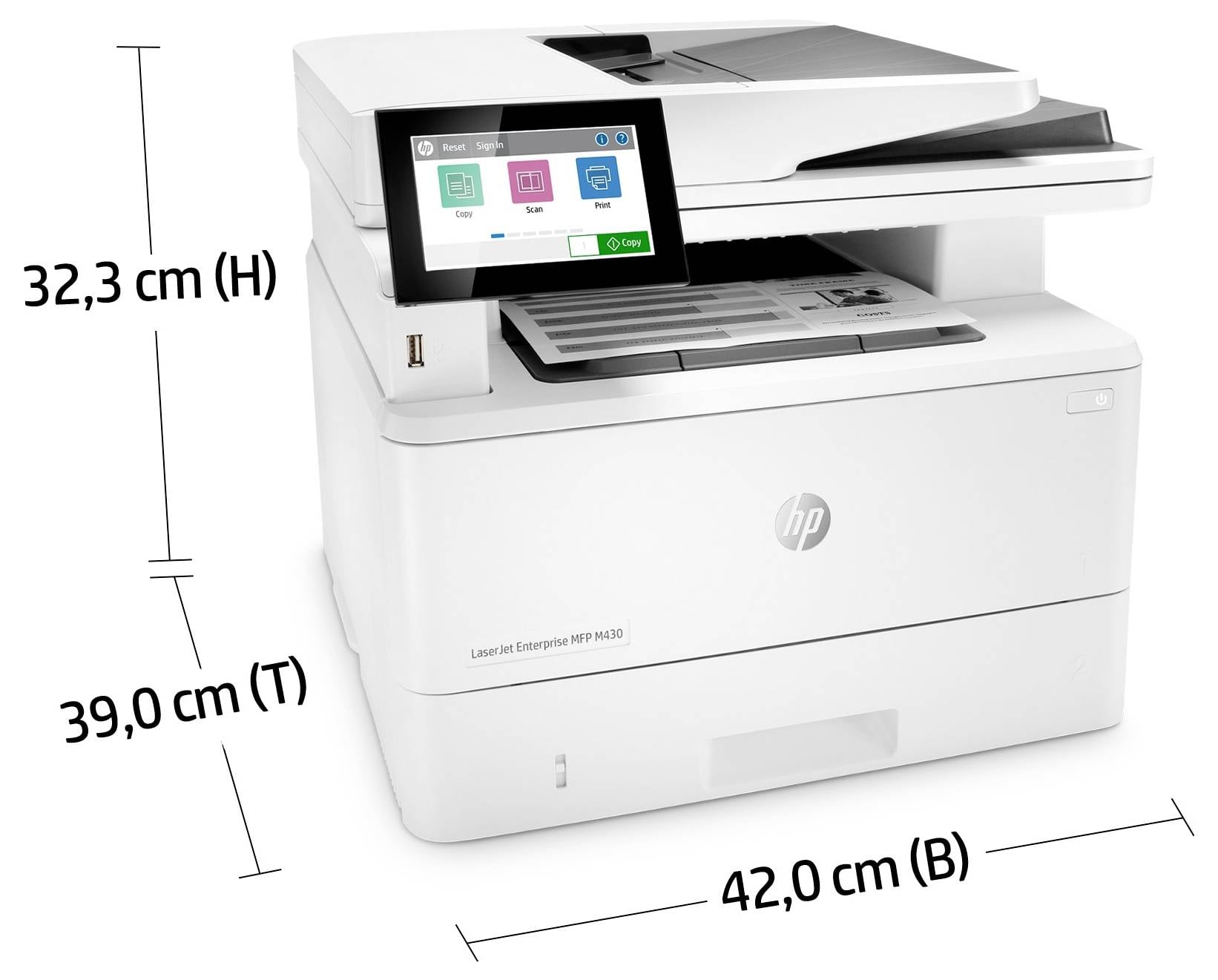 Tiskárna HP LaserJet Enterprise MFP zobrazená s rozměry: 32,3 cm na výšku, 39,0 cm na hloubku a 42,0 cm na šířku.
