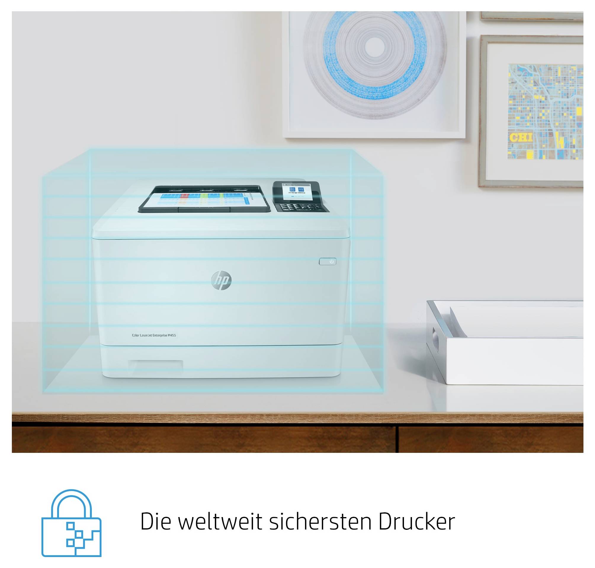 HP tiskárna uvnitř modrého bezpečnostního obrysu se zámkem pod ním a německým nápisem "Die weltweit sichersten Drucker"