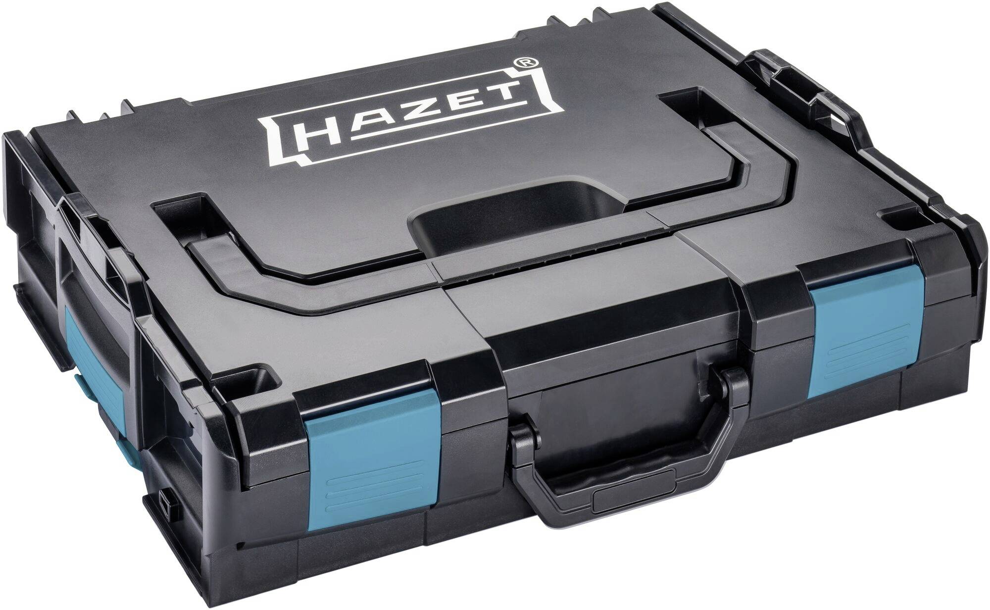 Černý plastový kufřík s logem 'Hazet' na víku, modrými stranami a rukojetí vpředu.