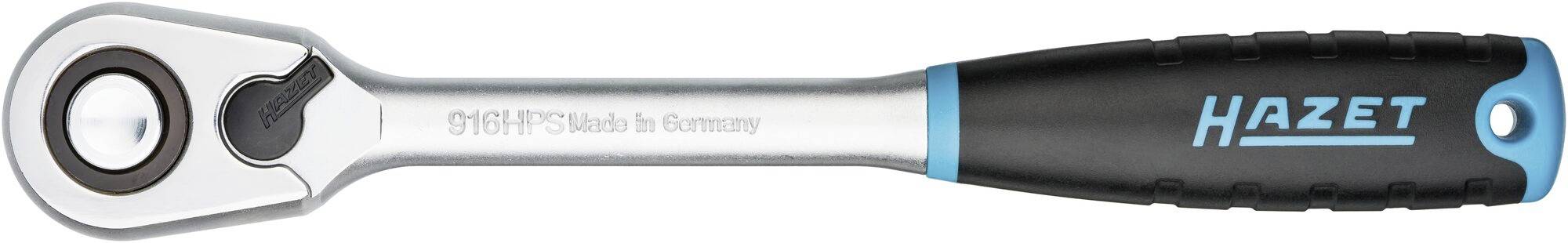 Ráčna značky Hazet s ergonomickou rukojetí, označení 'Made in Germany', stříbrné tělo s modře-černou rukojetí.