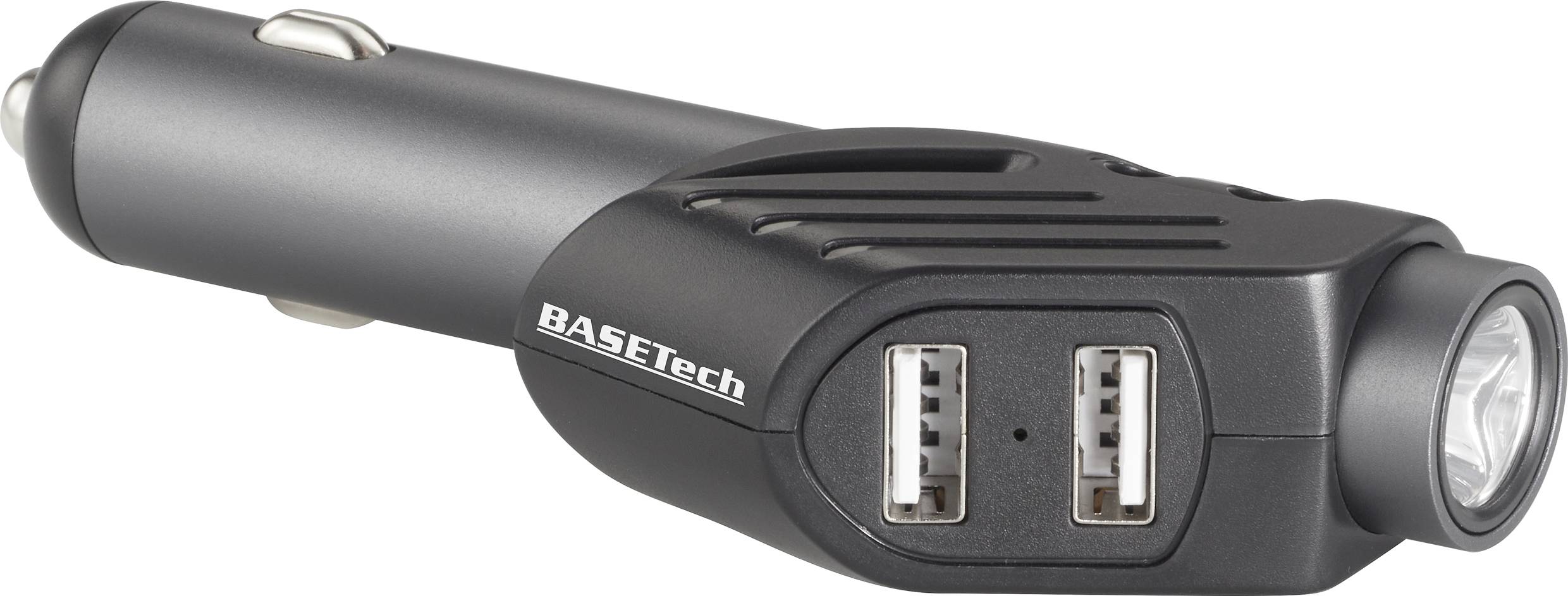 Autonabíječka USB se dvěma porty a integrovanou svítilnou v černém provedení.