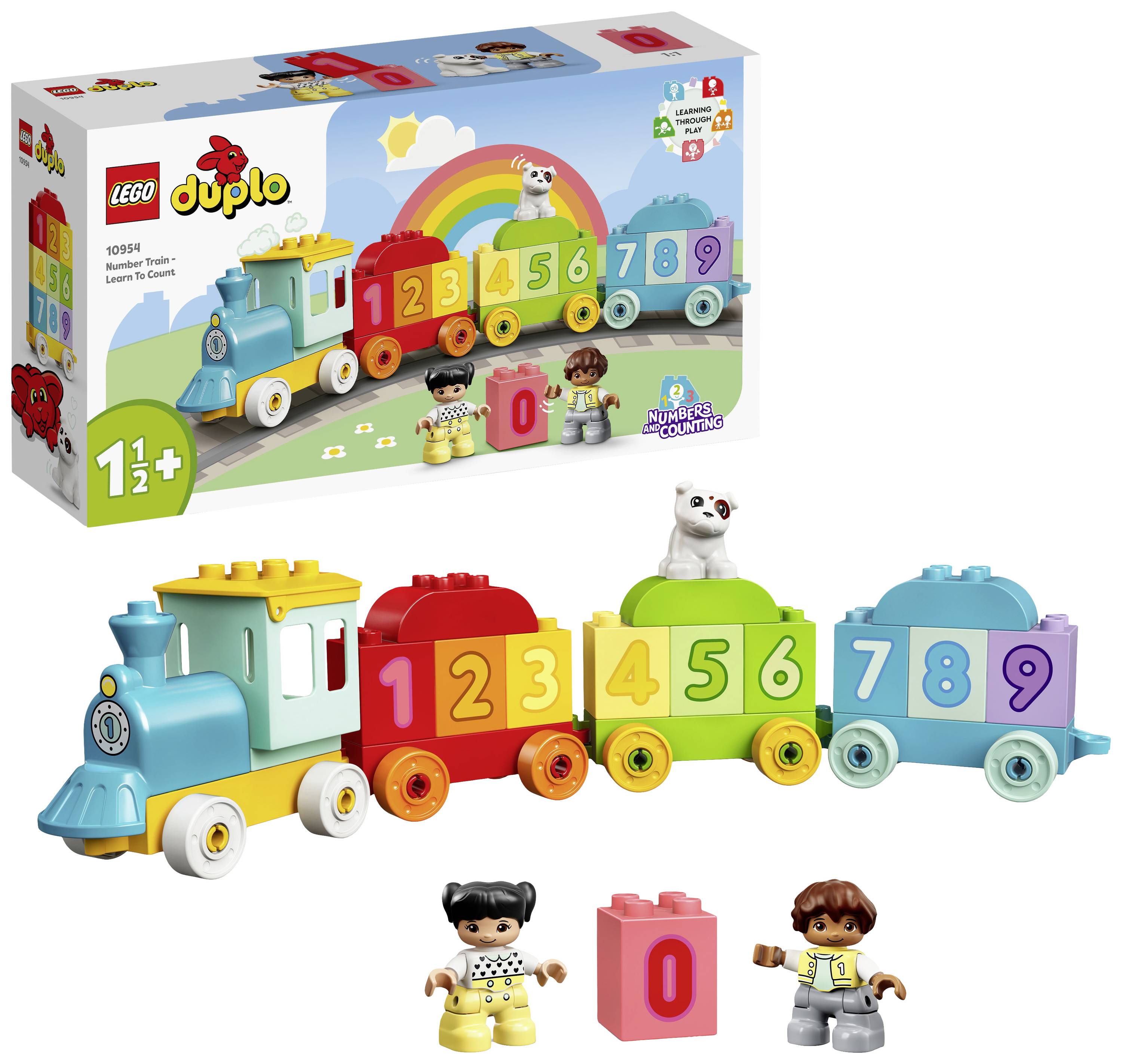 Barevný Lego Duplo vláček s čísly s kamínky očíslovanými od 0 do 9. Obsahuje dvě dětské figurky a psa. Vhodné od 1 roku.