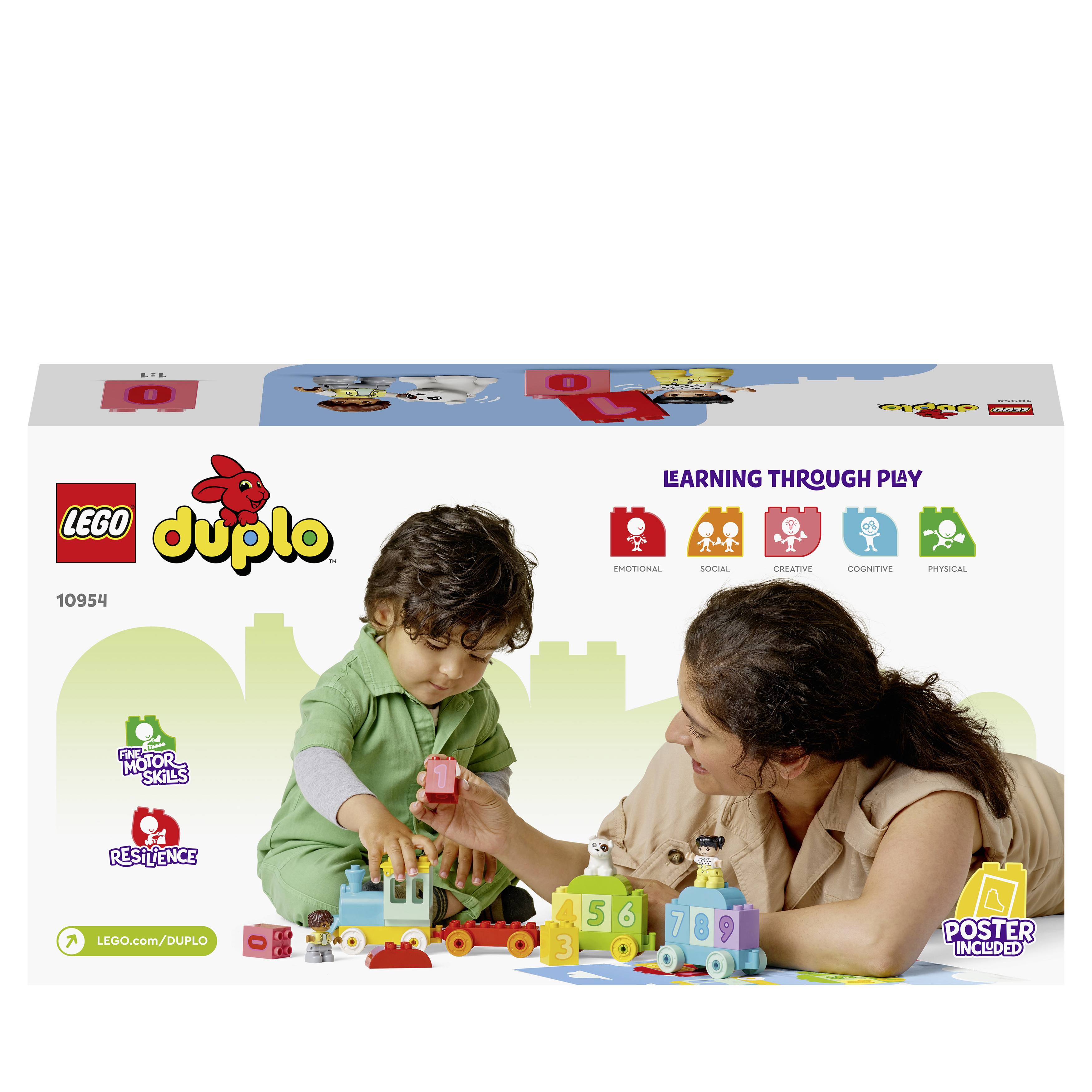 Žena a dítě si hrají s kostkami LEGO DUPLO u stolu. Obal poukazuje na různé výukové dovednosti, které hra rozvíjí.