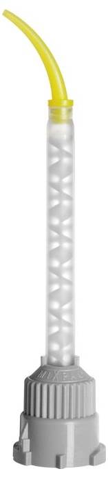 Šedá tryska s žlutým, zakřiveným nástavcem hadice, pravděpodobně navržená pro cílené nanášení kapalin.